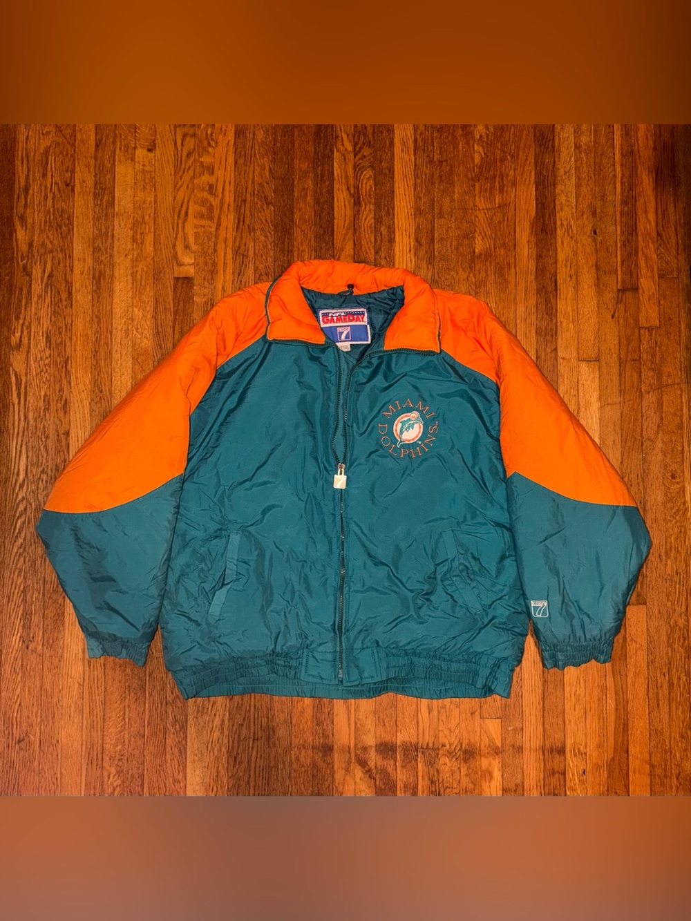 Vintage NFL GAMEDAY Miami Dolphins Logo 7 Teal & Orange Winter Jacket Coat XL